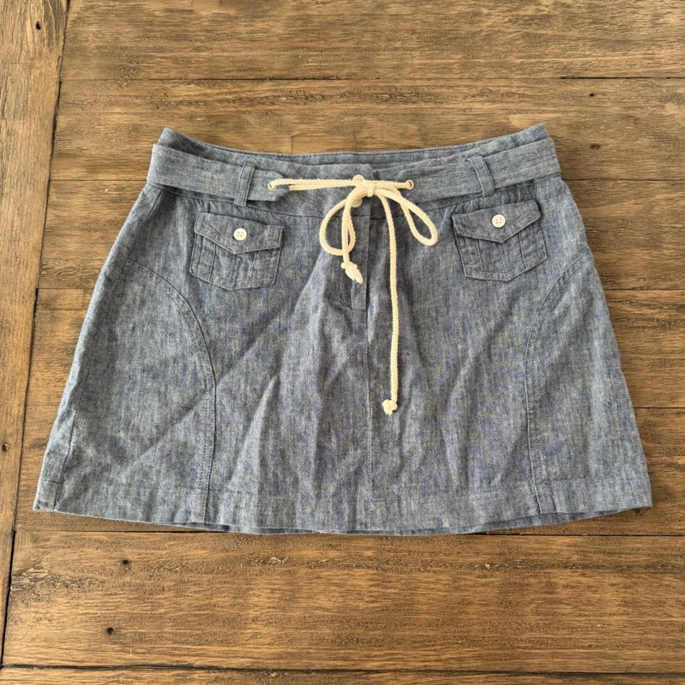 Sunner Blue Cotton Linen Chambray Mini Skirt Rope Belt Made in USA Womens Size 8